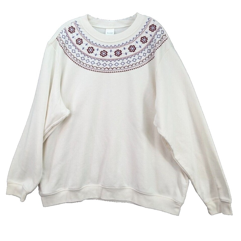 Blair Printed Yoke Fleece Pullover Sweatshirt Floral Cotton White Women Plus 3XL